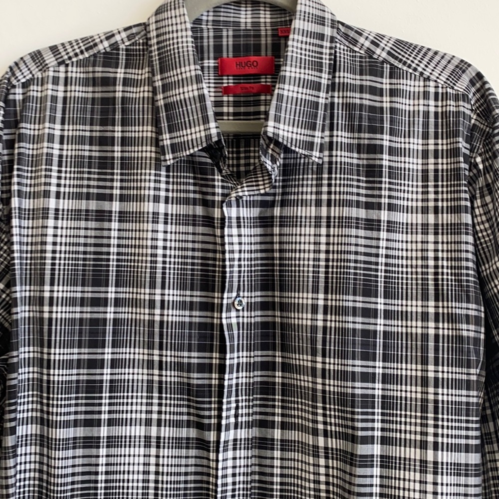 Hugo Boss men’s dress button down shirt black white checkered plaid slim fit XXL